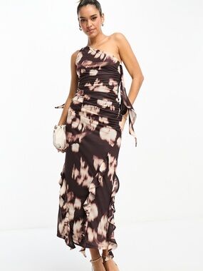 ASOS One-Shoulder Floral Tie-Accent Midi Dress in Brown and Cream